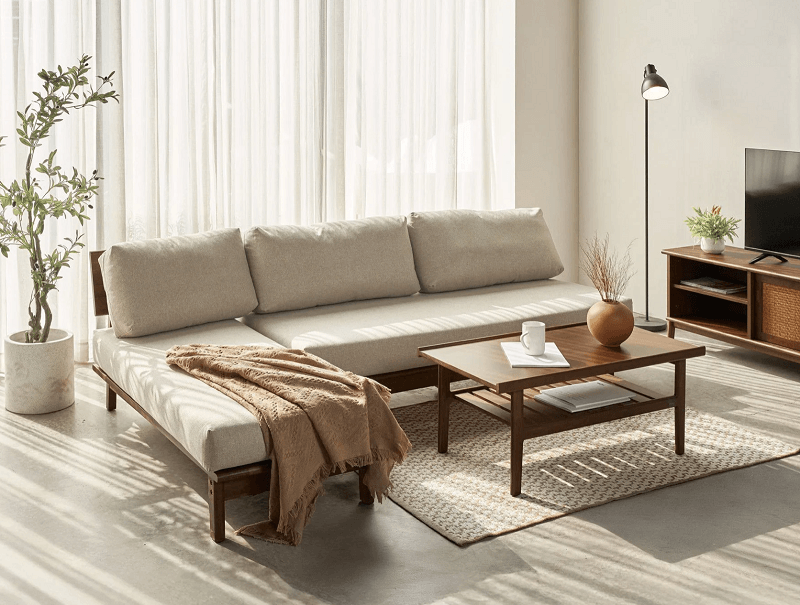 Ghế Sofa Góc Chữ L Gỗ Cao Su Tự Nhiên VLINE 601 Kèm Đôn